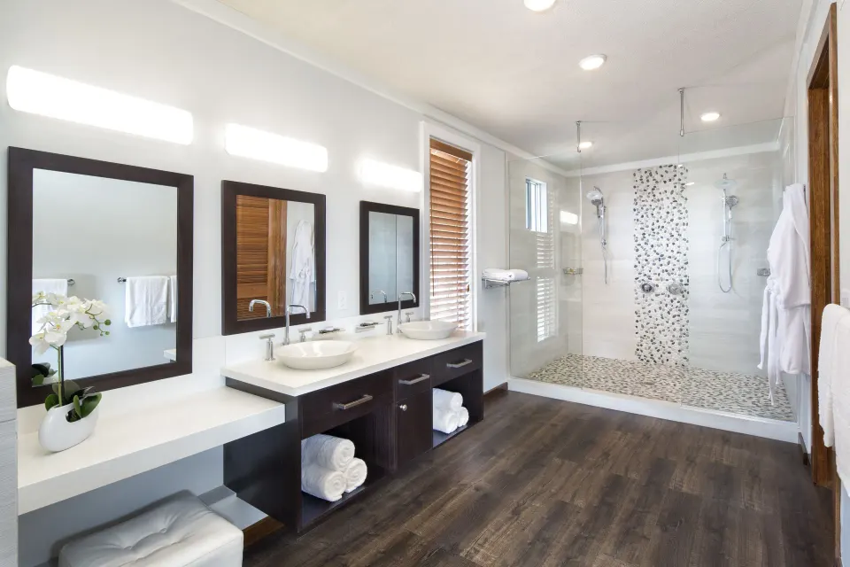 Waterfront Villa bathroom with double vanity and walk-in shower at Hammock Cove Antigua.