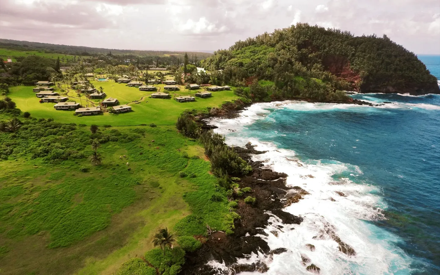 Aerial view of cottages and surf along the coastline at Hana-Maui Resort.