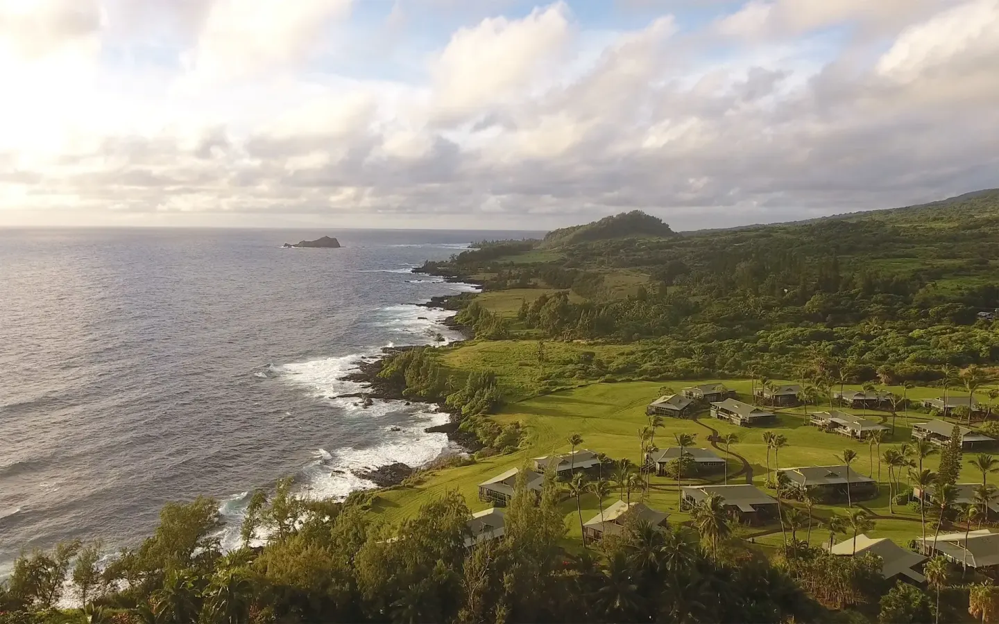 Wide aerial view of Hana-Maui Resort grounds along the Maui coastline.