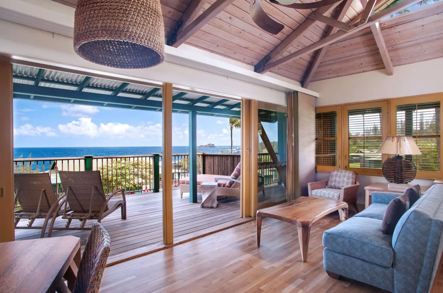 Ocean View Bungalow living room and lanai facing the sea at Hana-Maui Resort.