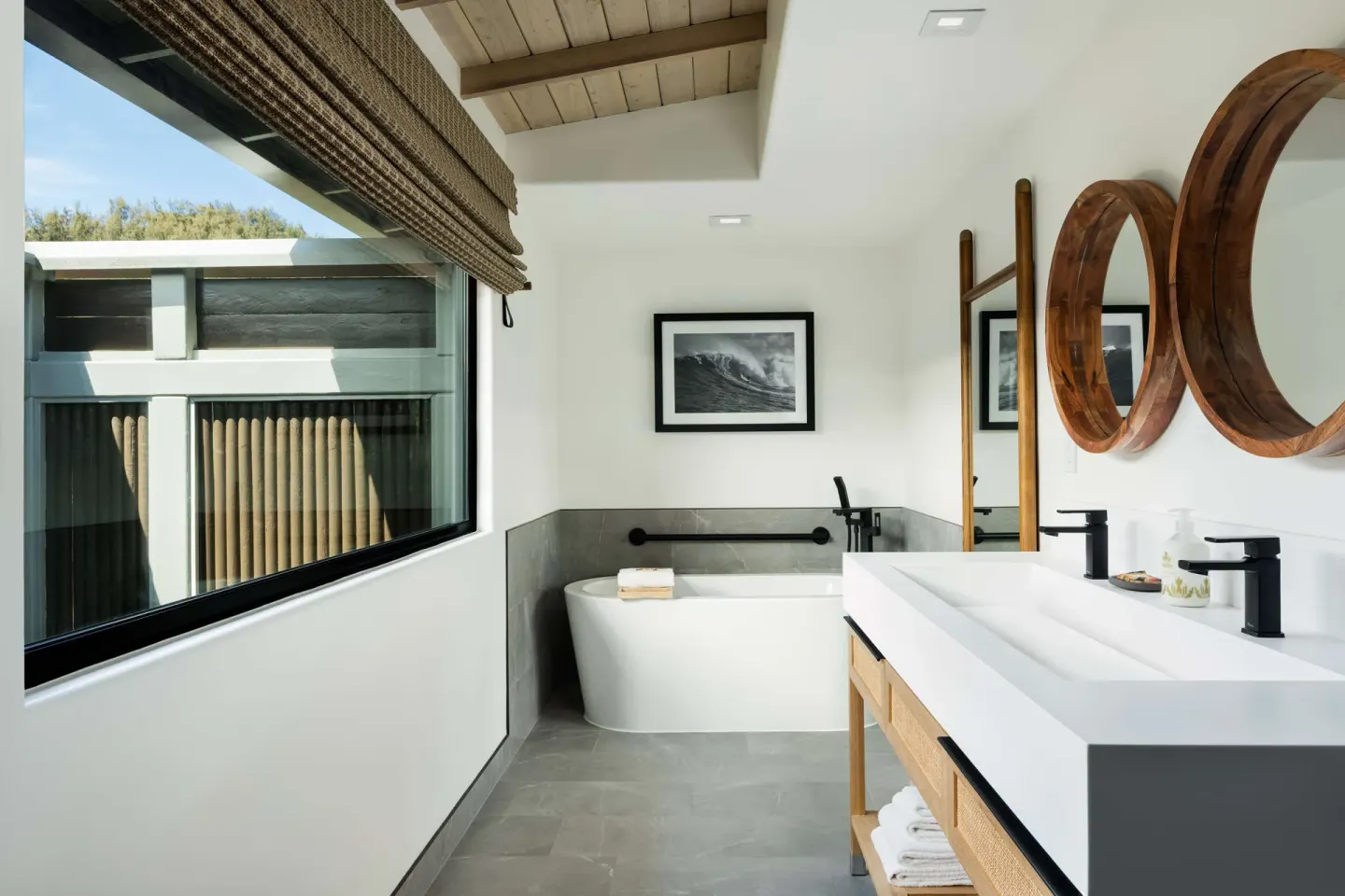 Deluxe Bungalow bathroom with soaking tub and double vanity at Hana-Maui Resort.