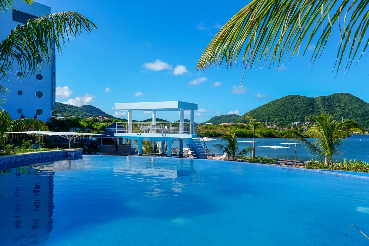 Infinity pool, raised deck, palms, and green hills at Harbor Club St. Lucia.