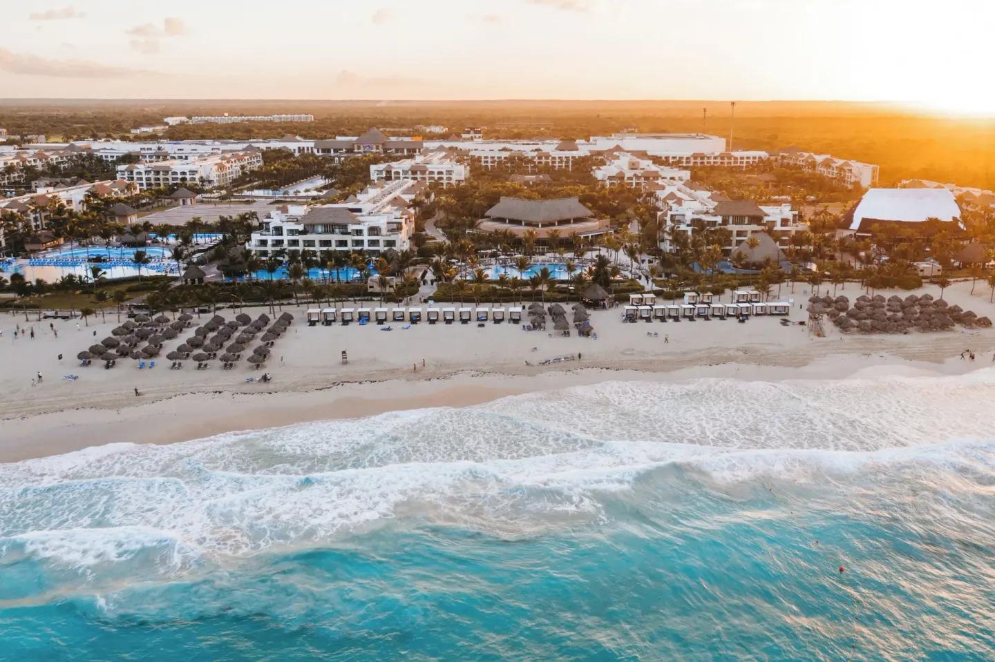 Aerial beachfront resort view at sunset at Hard Rock Hotel & Casino Punta Cana.