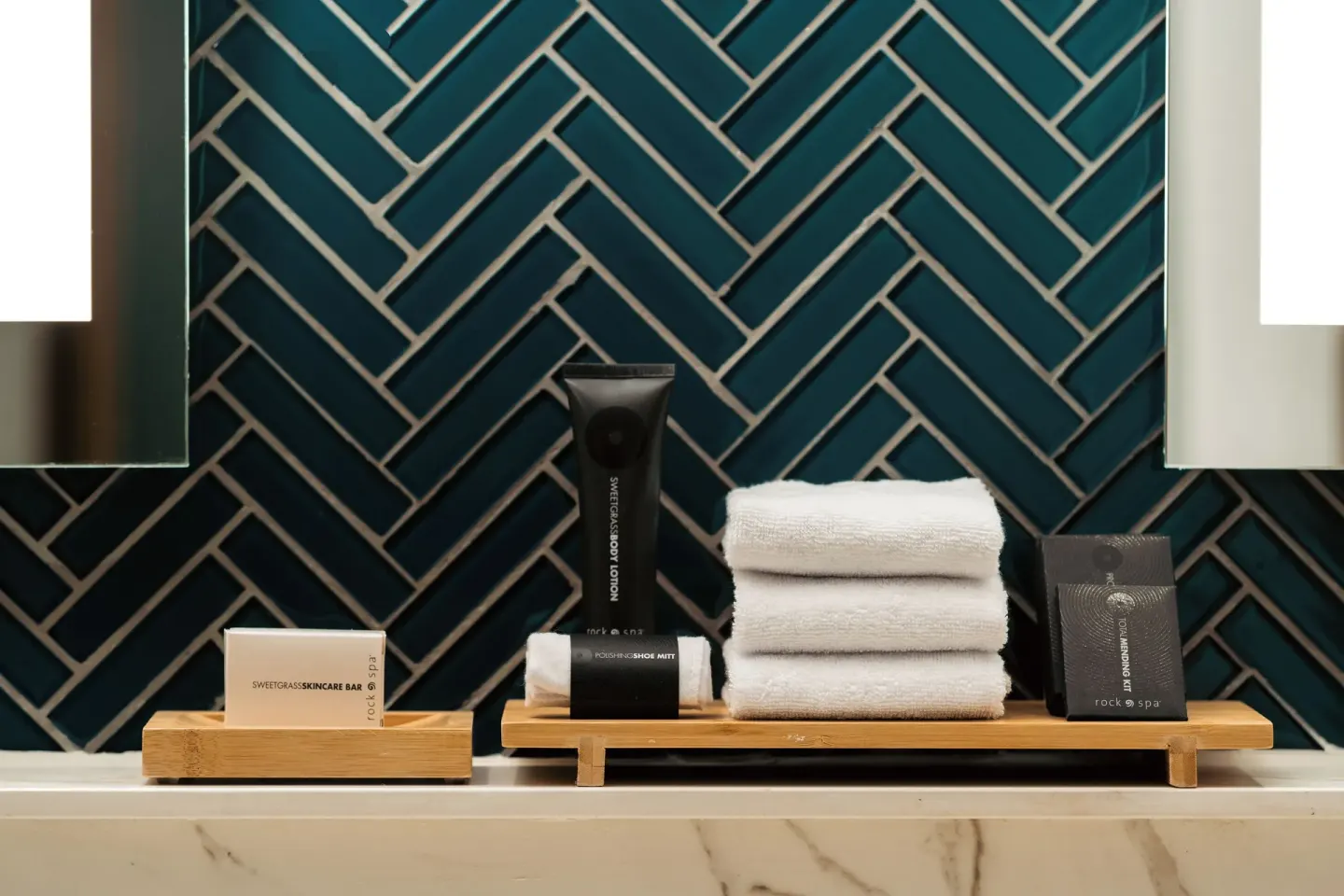 Bath amenities and folded towels on a vanity at Hard Rock Hotel & Casino Punta Cana.
