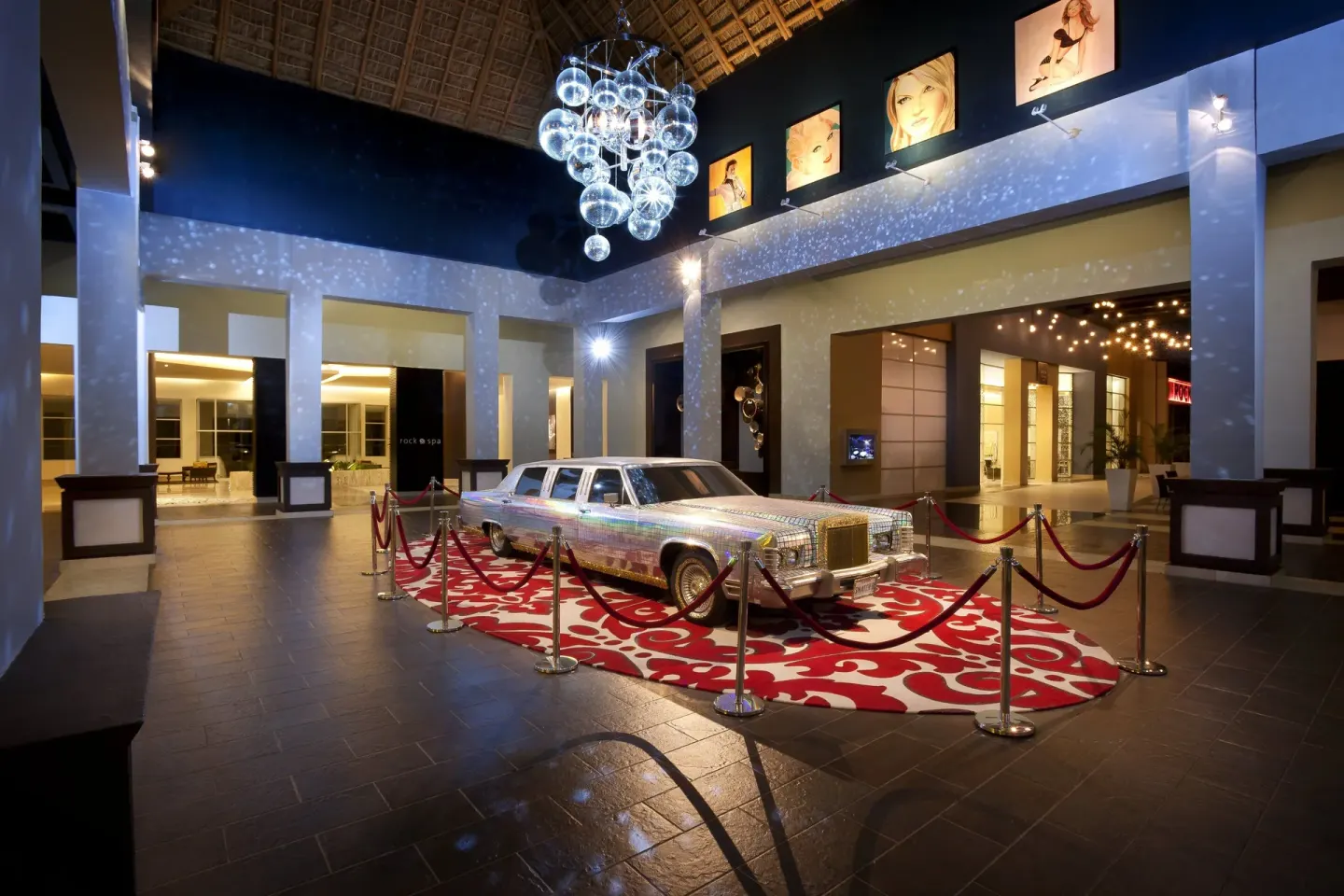 A rhinestone-covered limousine display in the entrance at Hard Rock Hotel & Casino Punta Cana.