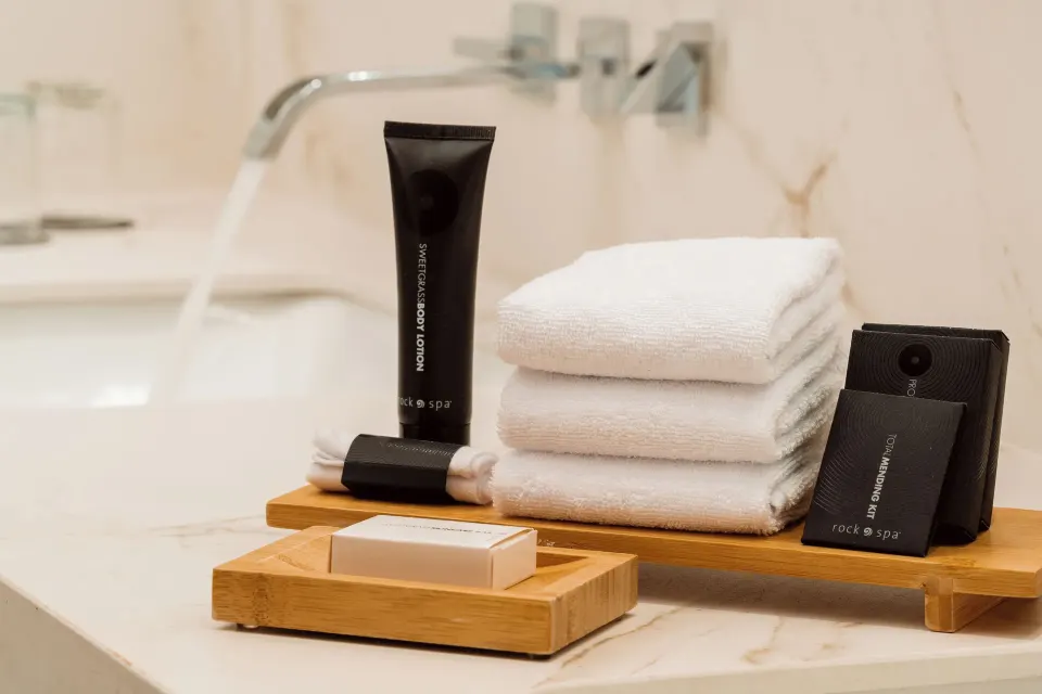 Bathroom towels and amenities in an Accessible Caribbean Suite at Hard Rock Hotel & Casino Punta Cana.