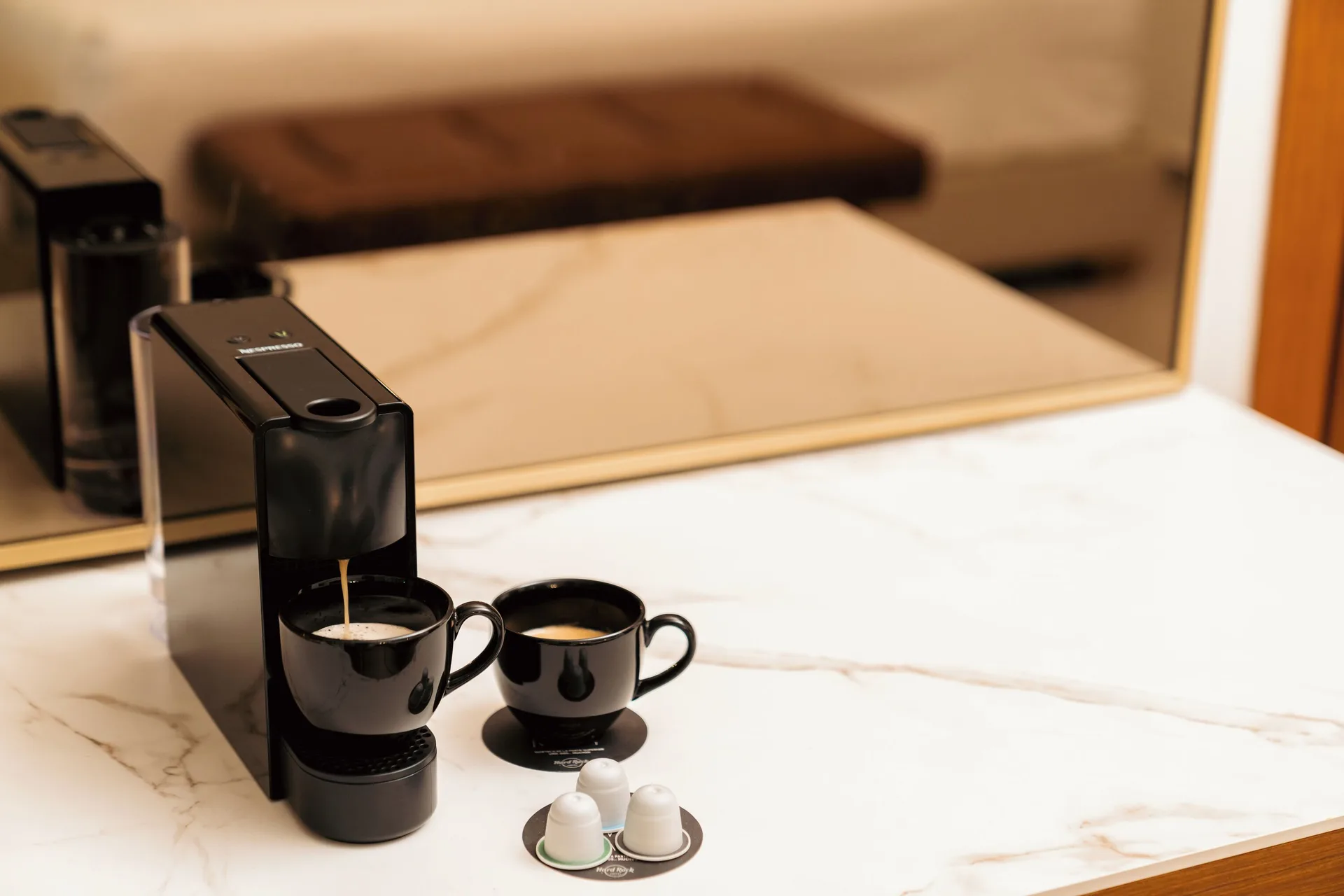 In-room coffee maker and cups in an Accessible Caribbean Suite at Hard Rock Hotel & Casino Punta Cana.