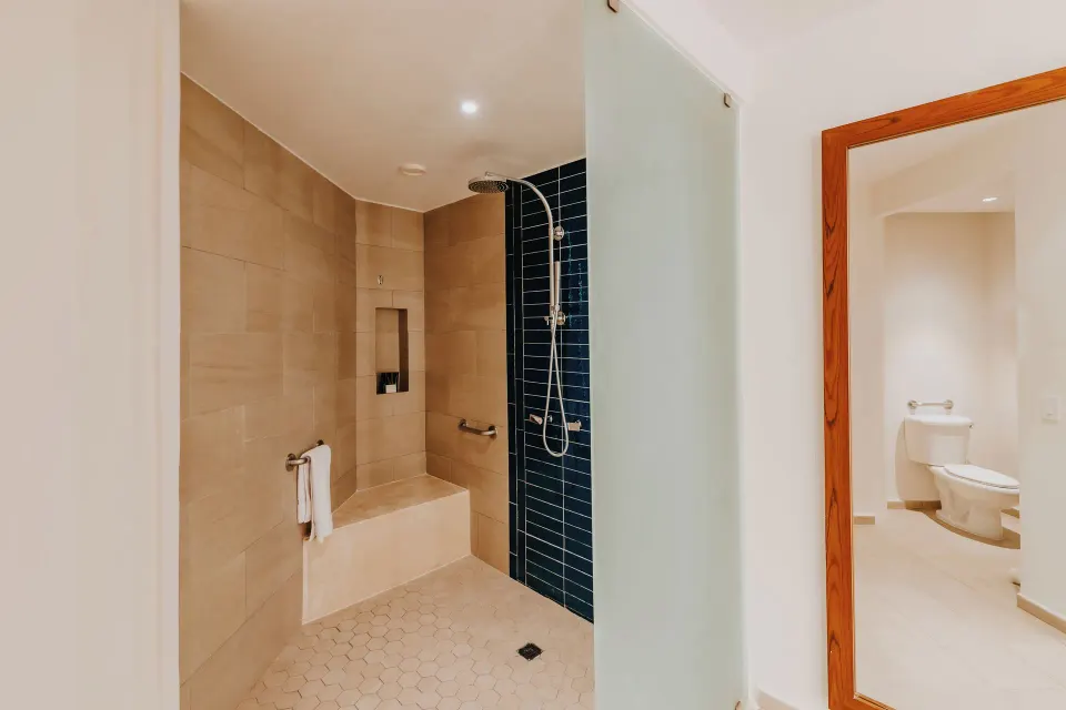 Accessible bathroom shower with grab bars at Hard Rock Hotel & Casino Punta Cana.