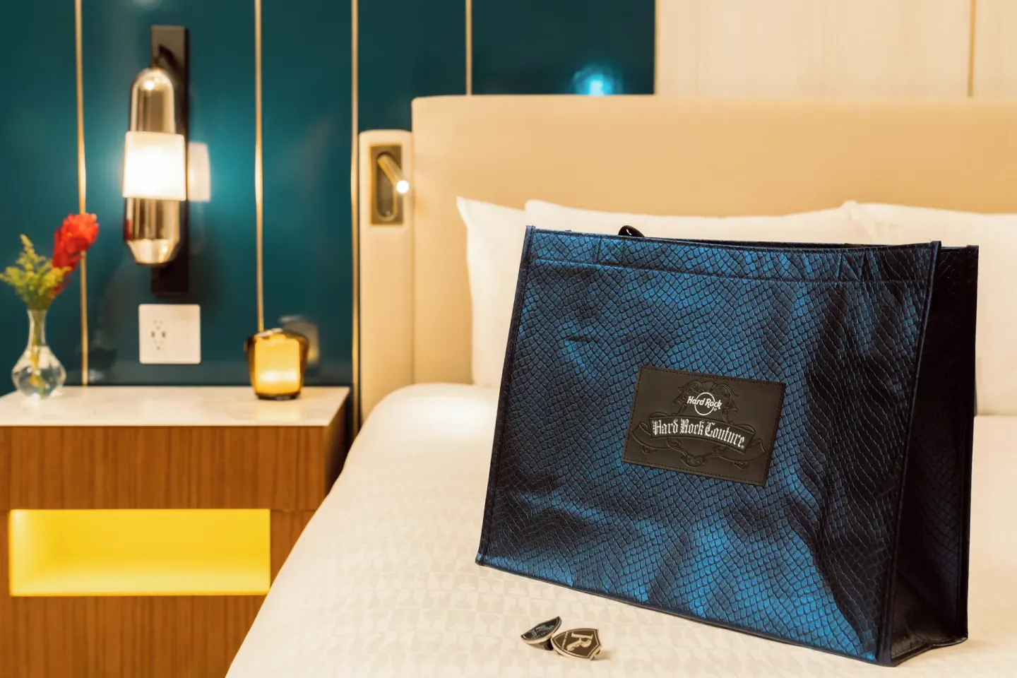 Rock Royalty Caribbean Sand Suite bed with welcome bag at Hard Rock Hotel & Casino Punta Cana.