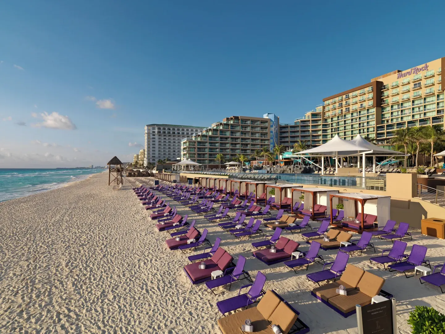Rows of purple beach loungers and cabanas in front of Hard Rock Hotel Cancun.