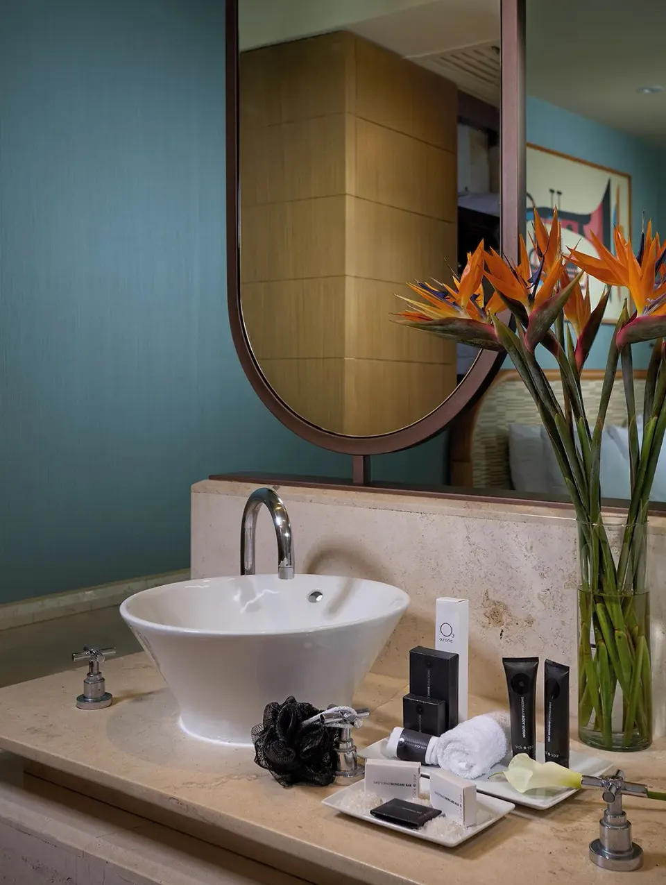 Deluxe Lagoon View bathroom vanity with vessel sink at Hard Rock Hotel Cancun.