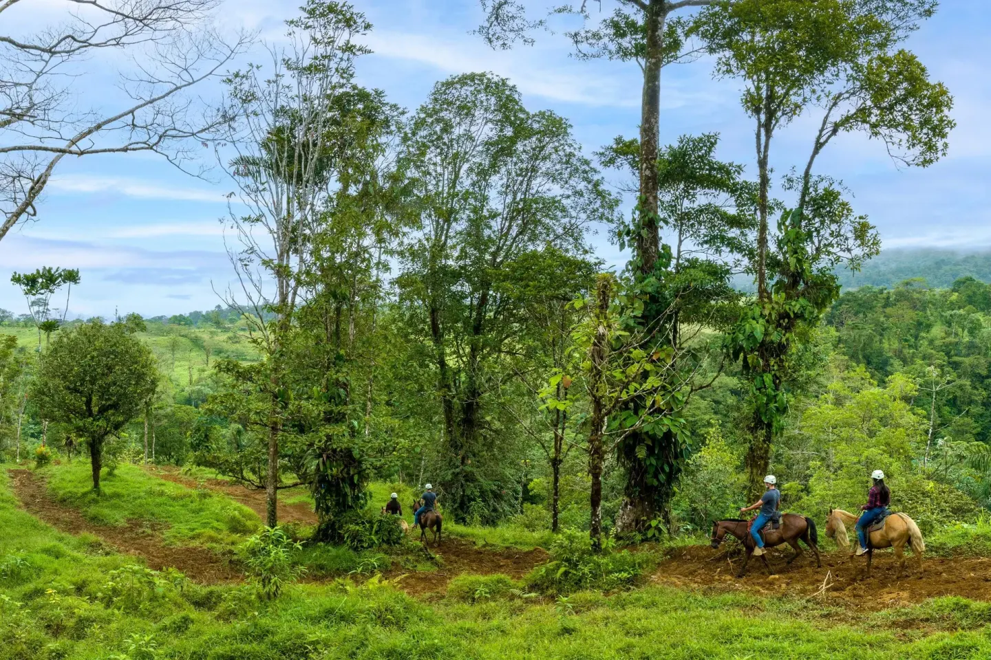 Horseback riders follow a forest trail through green hills near Hideaway Rio Celeste.