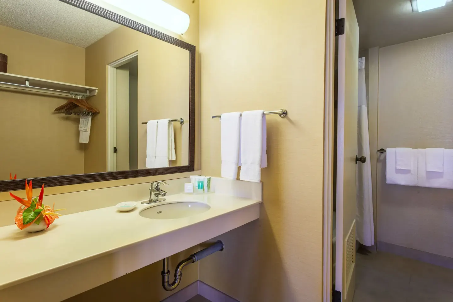 Guest bathroom vanity with sink, mirror, towels, and shower at Hilo Hawaiian Hotel.