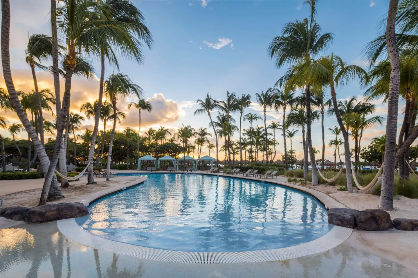 Palm-lined pool at sunset at Hilton Aruba Caribbean Resort and Casino.