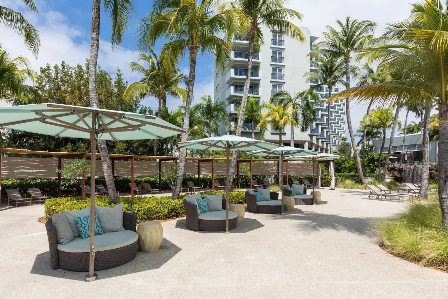 Poolside daybeds and umbrellas at Hilton Aruba Caribbean Resort and Casino.