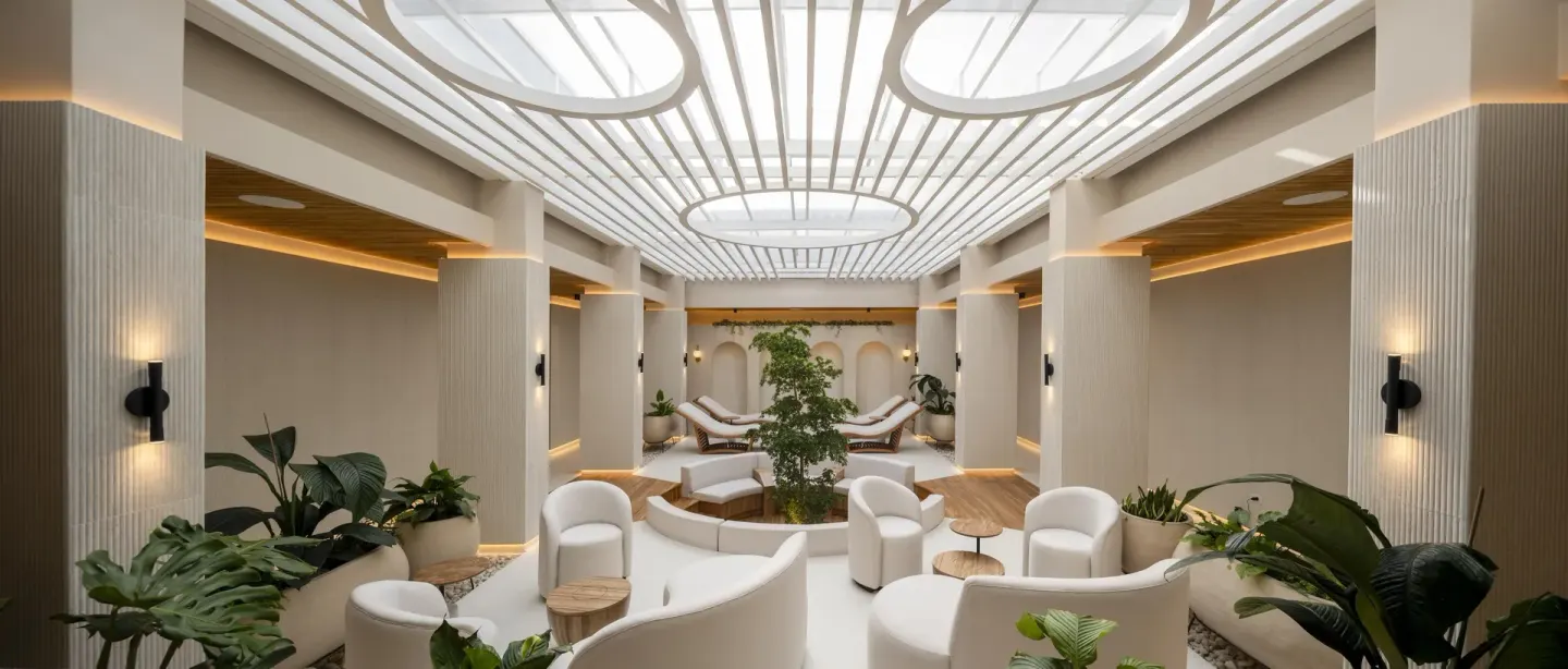 Modern spa relaxation lounge with white seating and plants at Hilton Aruba Caribbean Resort and Casino.