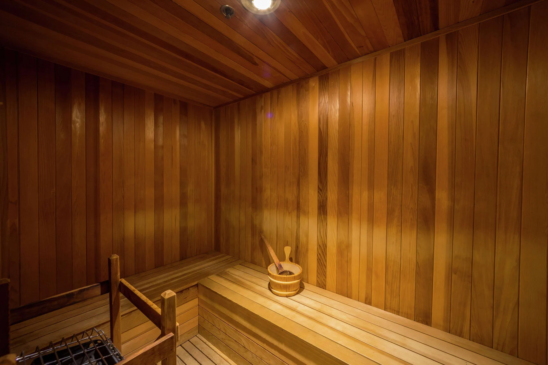 Wood sauna with bench seating at Hilton Aruba Caribbean Resort and Casino.