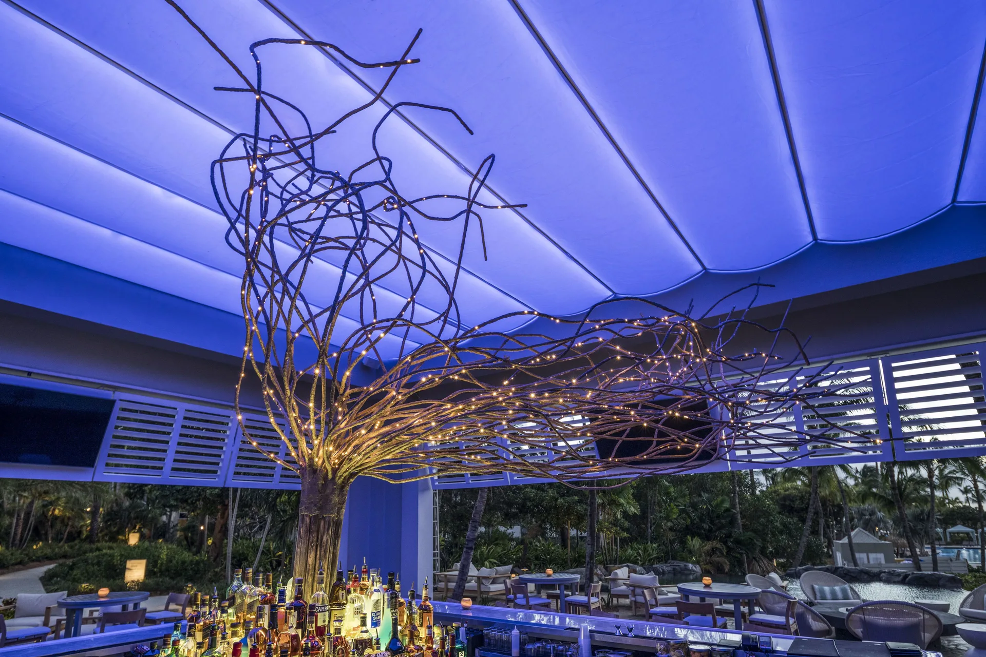 Illuminated bar with sculptural branch lighting at Hilton Aruba Caribbean Resort and Casino.