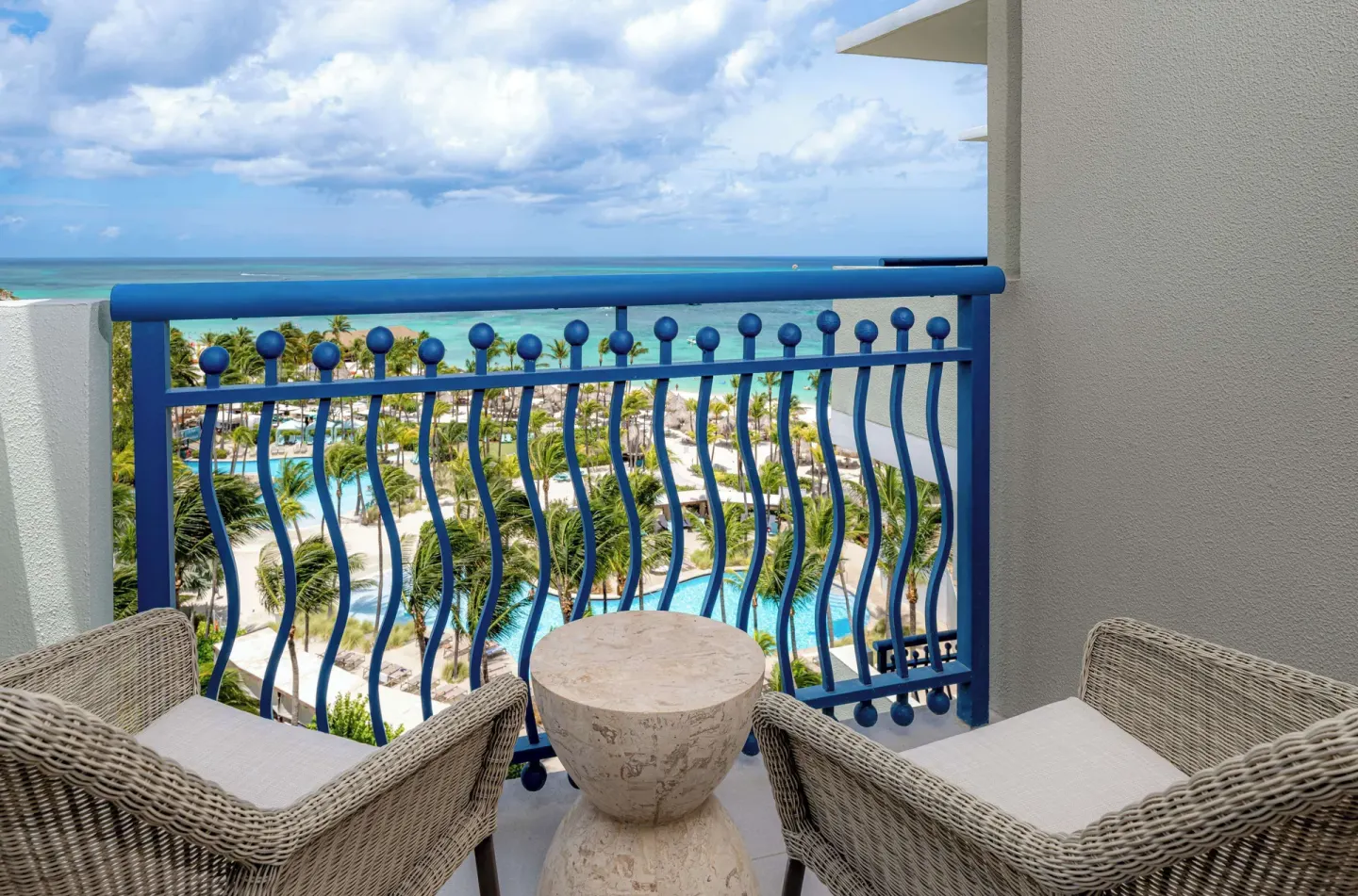 Aruba Tower Club Room balcony with ocean view at Hilton Aruba Caribbean Resort and Casino.