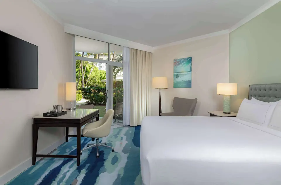 King garden-view room with desk and patio at Hilton Aruba Caribbean Resort and Casino.