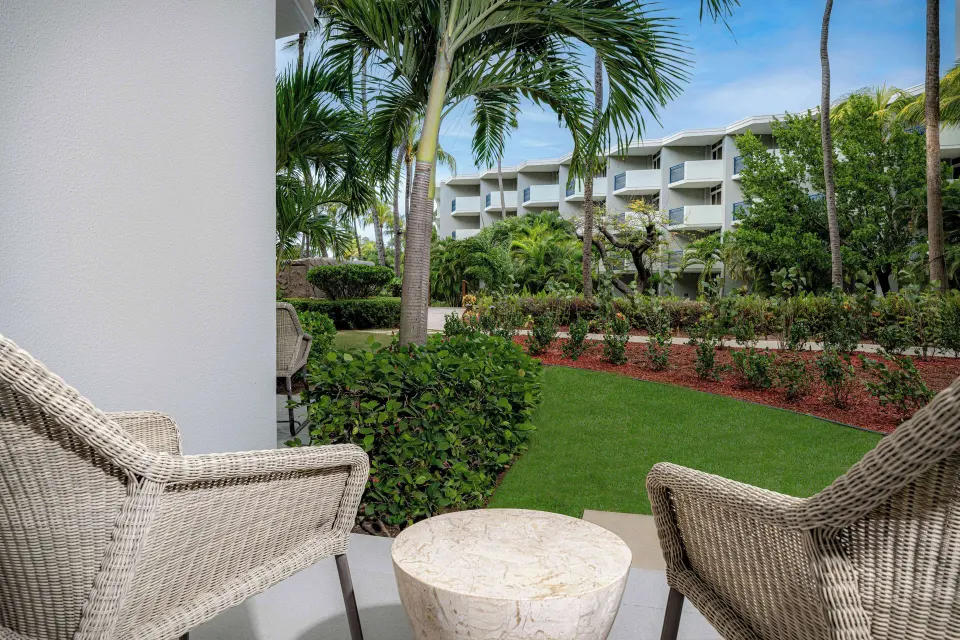 Garden-view patio facing landscaped grounds at Hilton Aruba Caribbean Resort and Casino.
