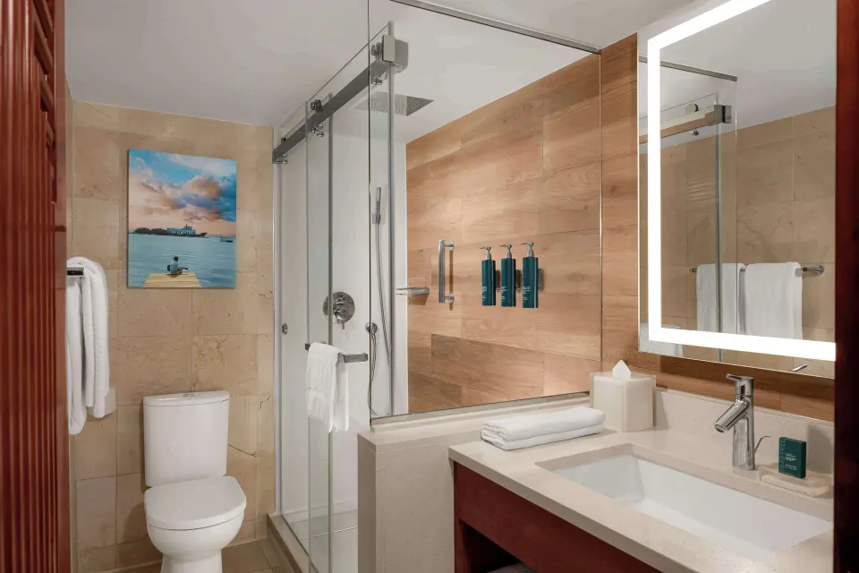 Guest room bathroom with toilet, shower, and lit mirror at Hilton Aruba Caribbean Resort and Casino.
