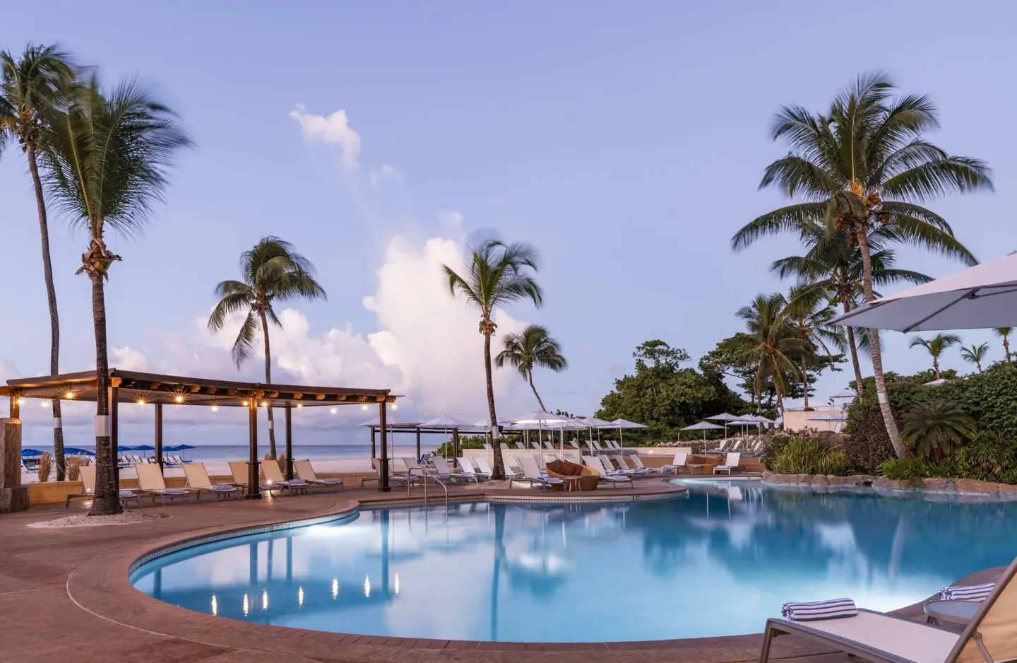 Curved outdoor pool with loungers, palms and beach beyond at Hilton Barbados Resort.