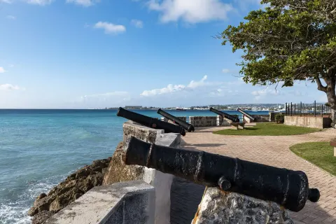 Historic cannons along the rocky oceanfront at Hilton Barbados Resort.