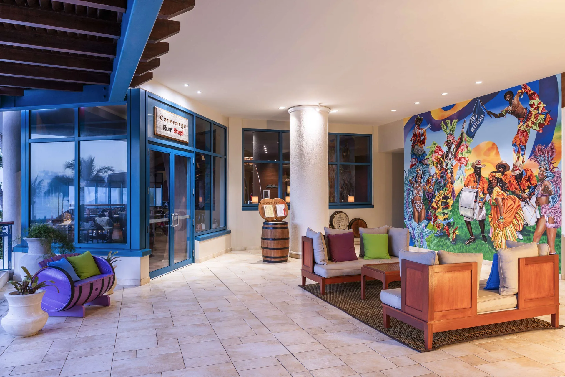 Careenage Rum Stop entrance and lounge seating at Hilton Barbados Resort.