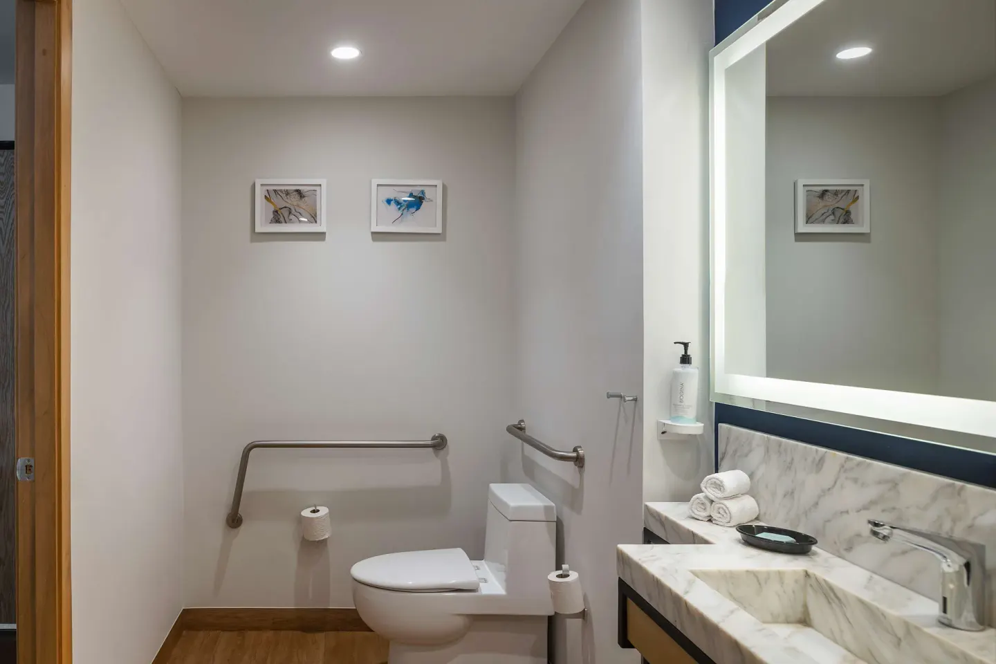 Accessible bathroom with grab bars and vanity at Hilton Garden Inn Cancun Airport.