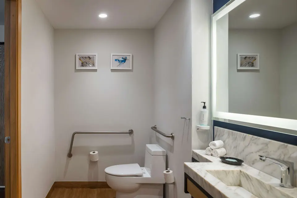 Accessible bathroom with grab bars and vanity at Hilton Garden Inn Cancun Airport.