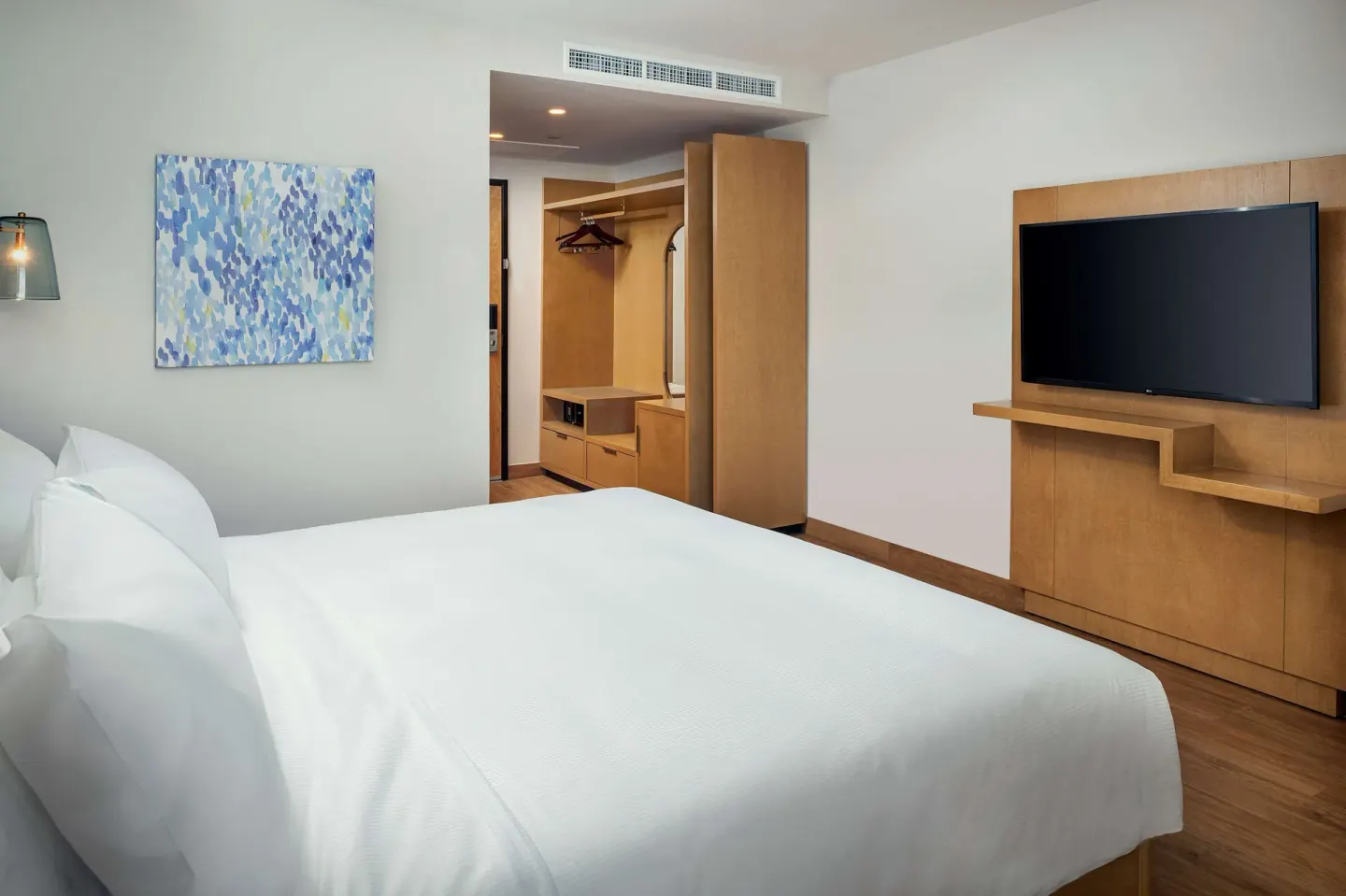 Accessible king room with TV, bed, and open closet at Hilton Garden Inn Cancun Airport.