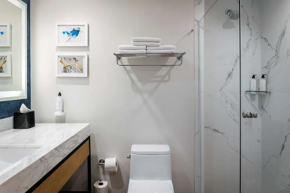 Guest bathroom with shower, toilet and towel shelf at Hilton Garden Inn Cancun Airport.