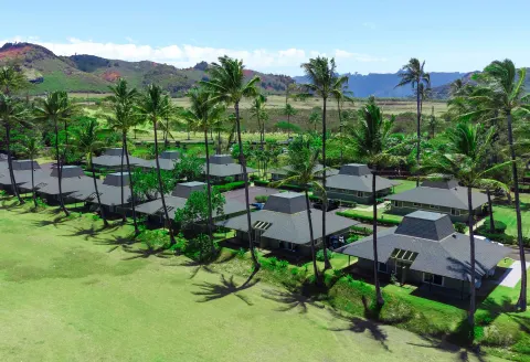 Cottage buildings among palm trees and lawns at Hilton Garden Inn Kauai Wailua Bay.