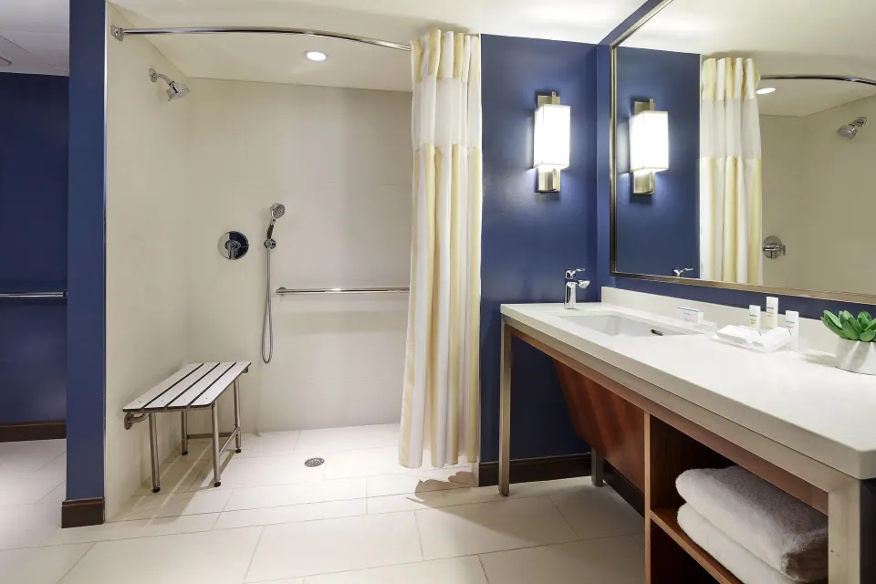Accessible bathroom with roll-in shower at Hilton Garden Inn Waikiki Beach, with vanity and mirror.