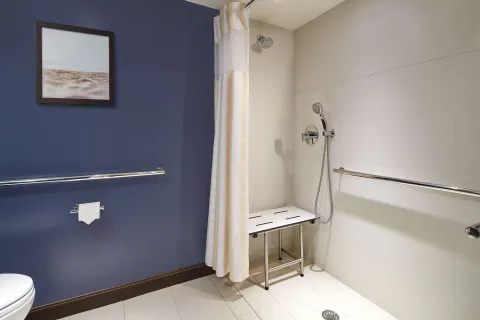 Roll-in shower at Hilton Garden Inn Waikiki Beach with grab bars, curtain, and shower bench.