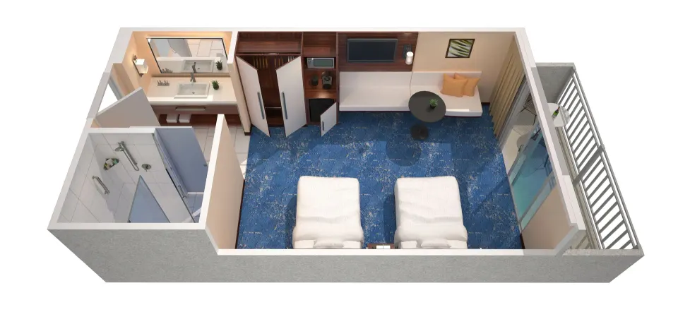 City View room floor plan with two beds and balcony at Hilton Garden Inn Waikiki Beach.