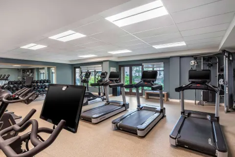 Fitness center with treadmills and weights at Hilton Grand Vacations Club Maui Bay Villas.