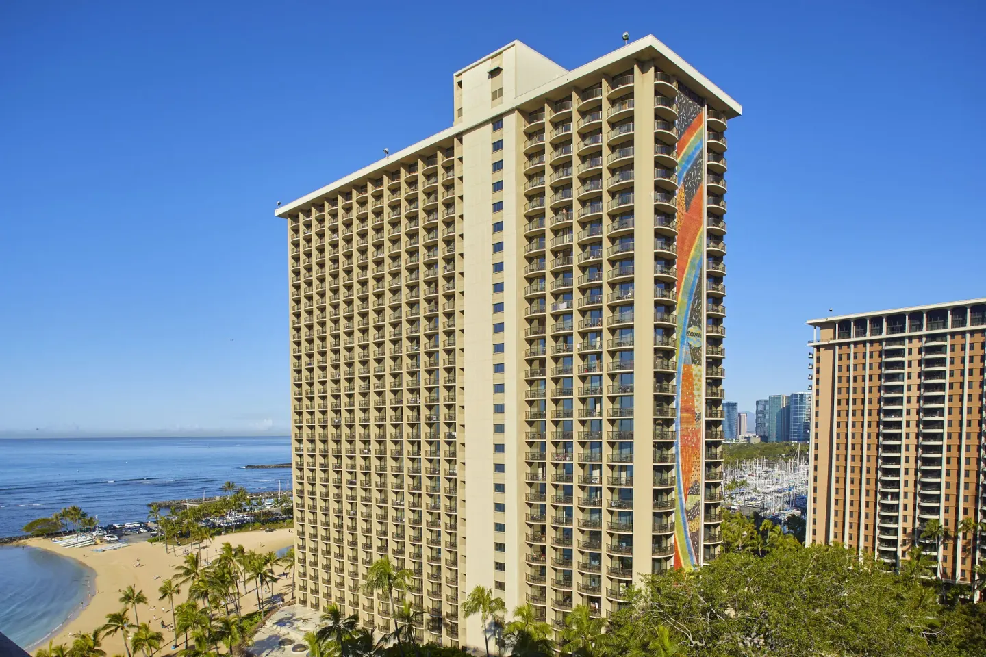 High-rise tower beside the beach at Hilton Hawaiian Village Waikiki Beach Resort.