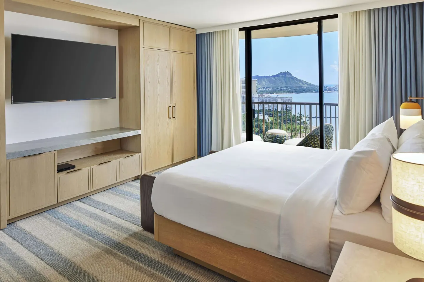 King guest room with Diamond Head view at Hilton Hawaiian Village Waikiki Beach Resort.