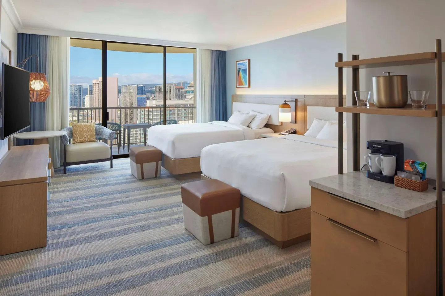 Accessible Ocean View room with two beds and balcony at Hilton Hawaiian Village Waikiki Beach Resort.