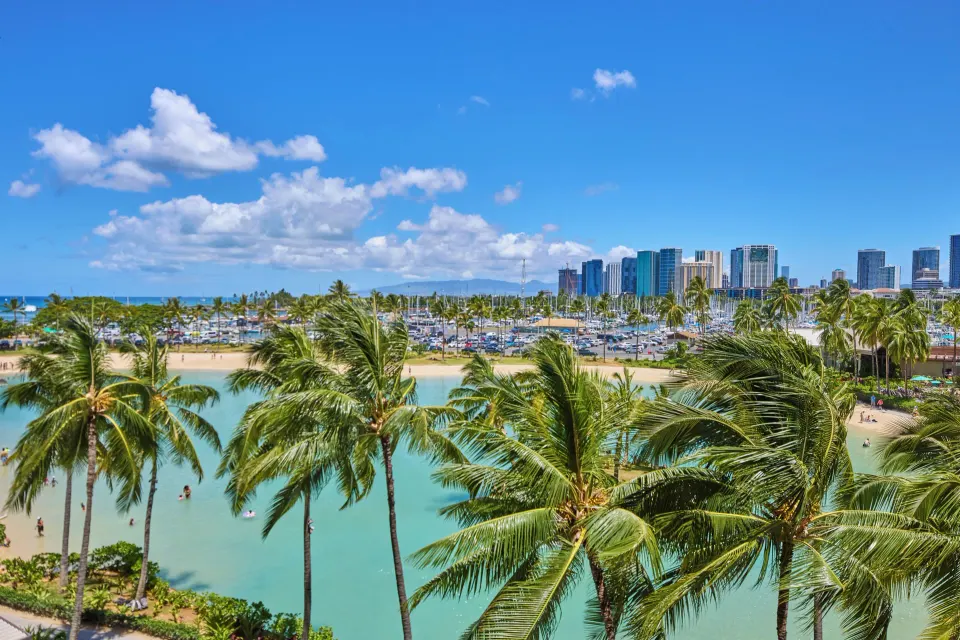 Partial ocean and lagoon view from a Rainbow Tower room at Hilton Hawaiian Village Waikiki Beach Resort.