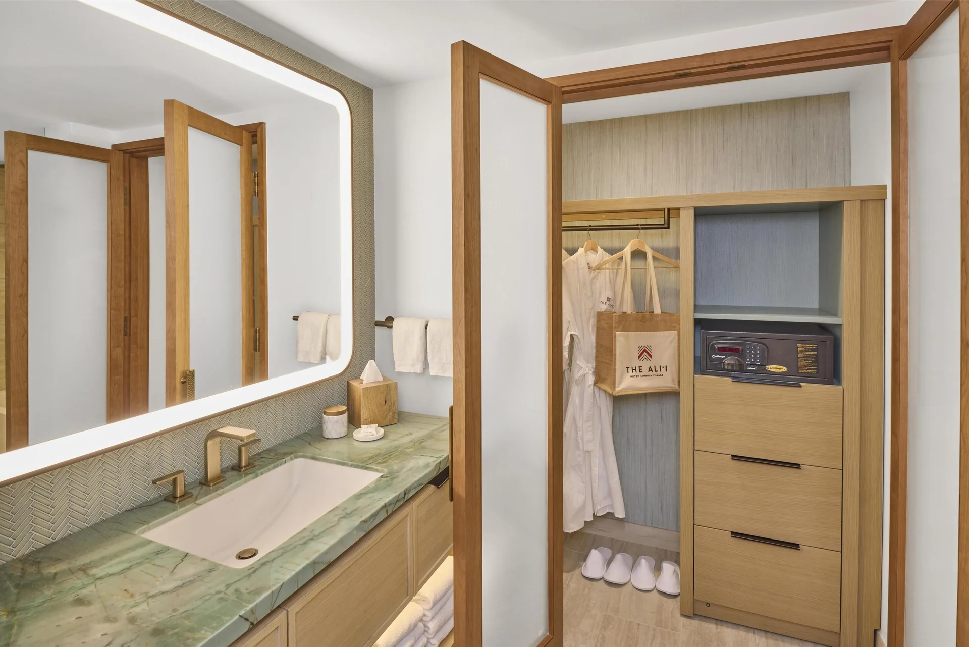 Alii Tower room vanity and open closet at Hilton Hawaiian Village Waikiki Beach Resort.