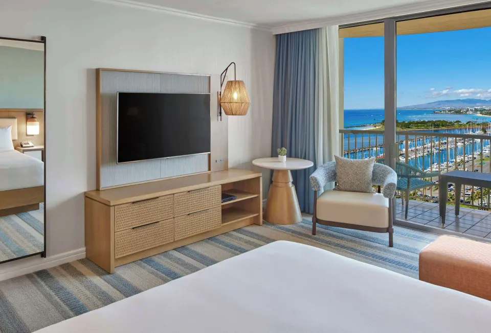 Renovated Rainbow Tower ocean view room with balcony at Hilton Hawaiian Village Waikiki Beach Resort.