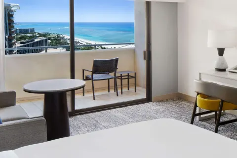 Guest room balcony with ocean and beach view at Hilton Hawaiian Village Waikiki Beach Resort.