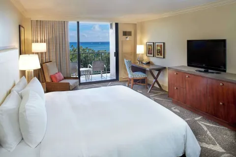King Ocean View room with desk, TV, and balcony at Hilton Hawaiian Village Waikiki Beach Resort.