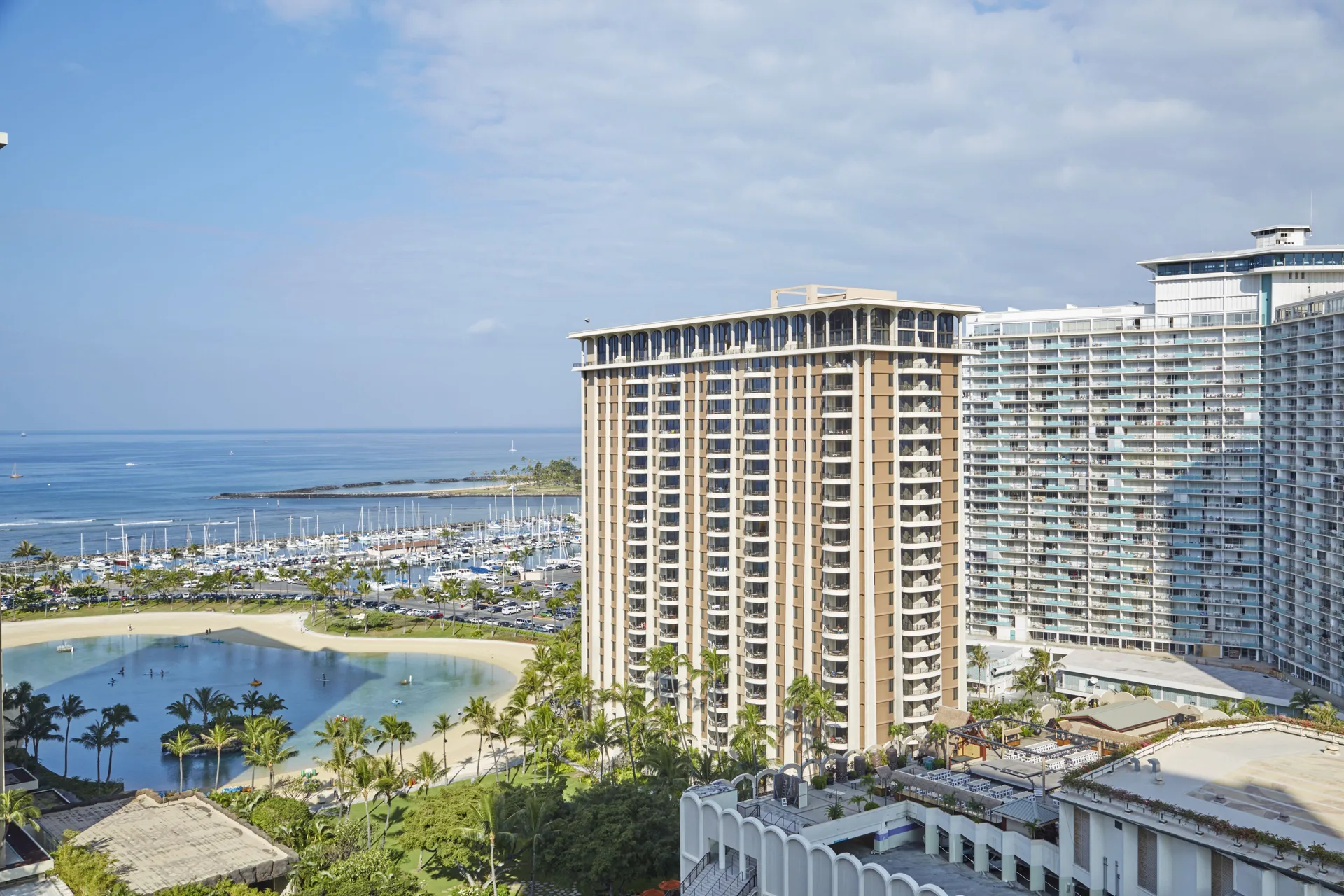 Lagoon, marina, and ocean view from a room at Hilton Hawaiian Village Waikiki Beach Resort.
