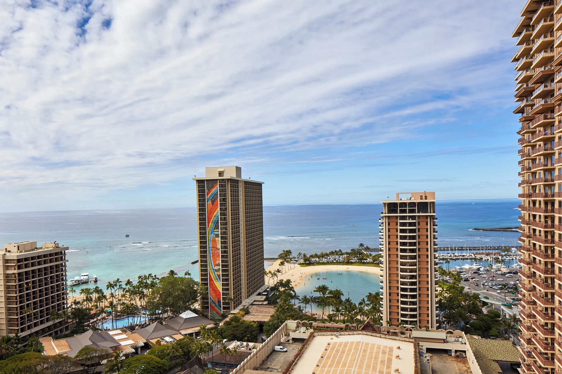 Ocean and lagoon view from a room at Hilton Hawaiian Village Waikiki Beach Resort.