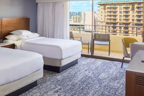 Partial Ocean View room with two beds and balcony at Hilton Hawaiian Village Waikiki Beach Resort.