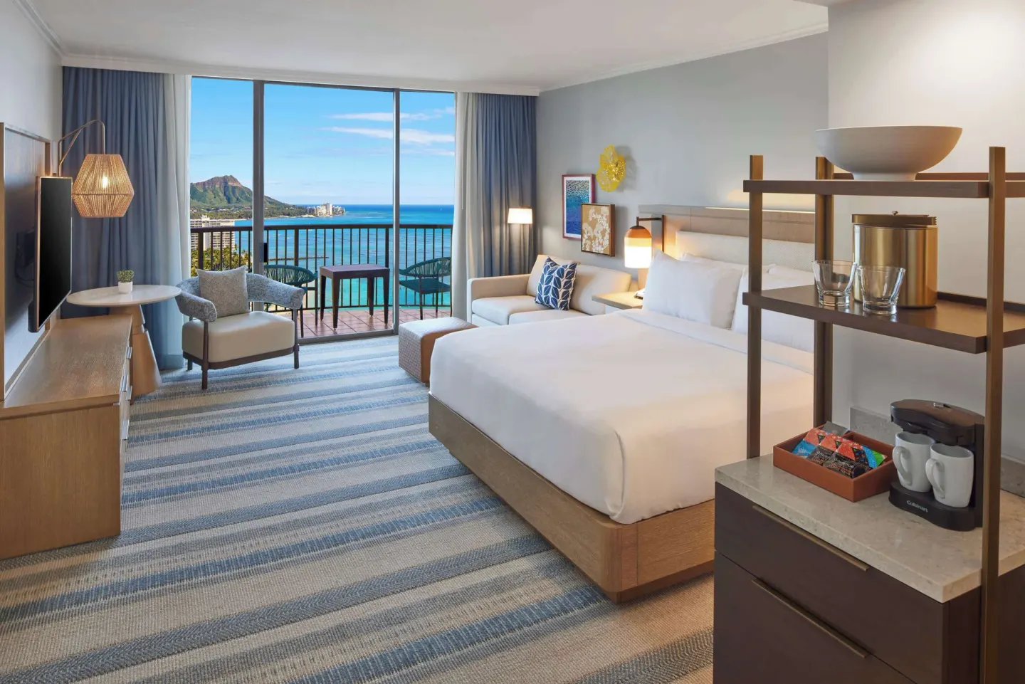 Renovated Rainbow Tower king room with ocean and Diamond Head view at Hilton Hawaiian Village Waikiki Beach Resort.